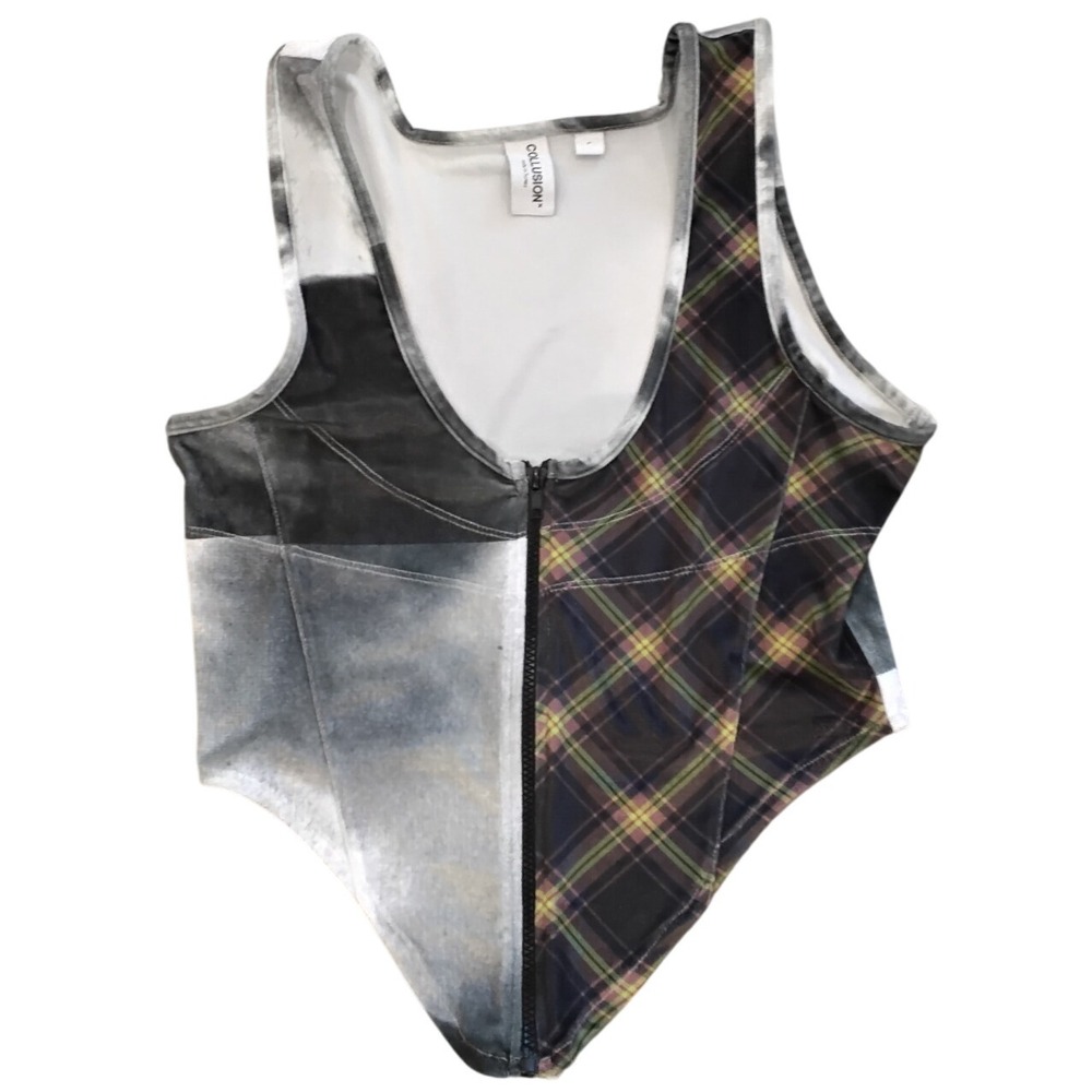 COLLUSION Bodysuit L Half‎ Plaid Half Tie Dye Zip Front Sleeveless Top